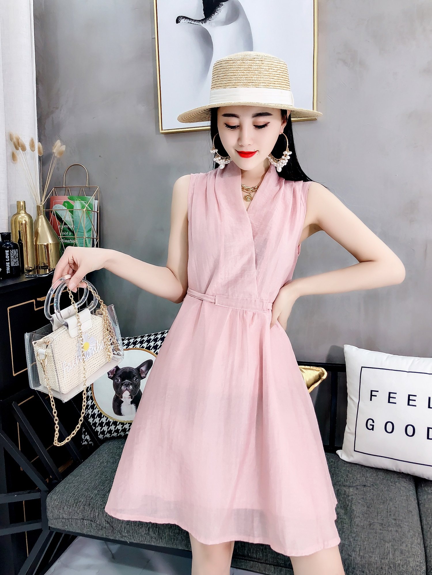 砍袖气质连衣裙2020女夏季薄款修身显瘦中长裙子连衣裙