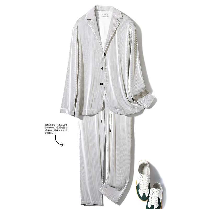 夏季痞帅宽松垂感西装套装男士韩版薄款竖条纹褶皱休闲西服两件套