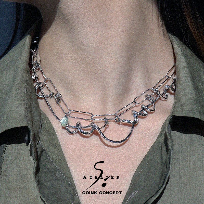 atelierso22ss巴别塔扭转钉子项链原创设计高级双层项链