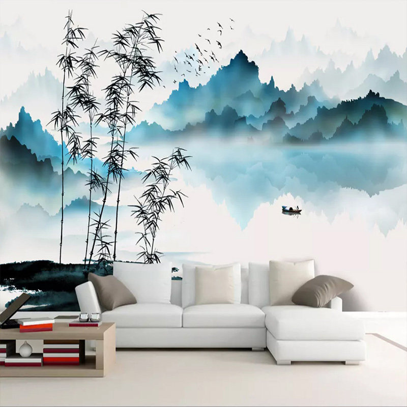 墙画壁纸自粘墙纸贴画中式水墨山水意境客厅墙贴