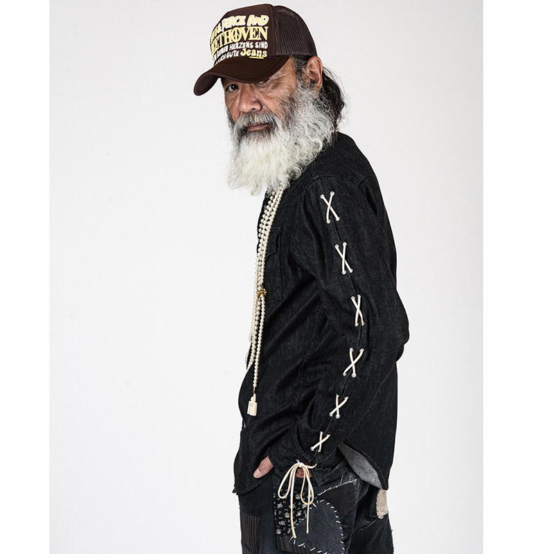 21awkapital平田和宏黑色丹宁牛仔皮革抽绳编织衬衫