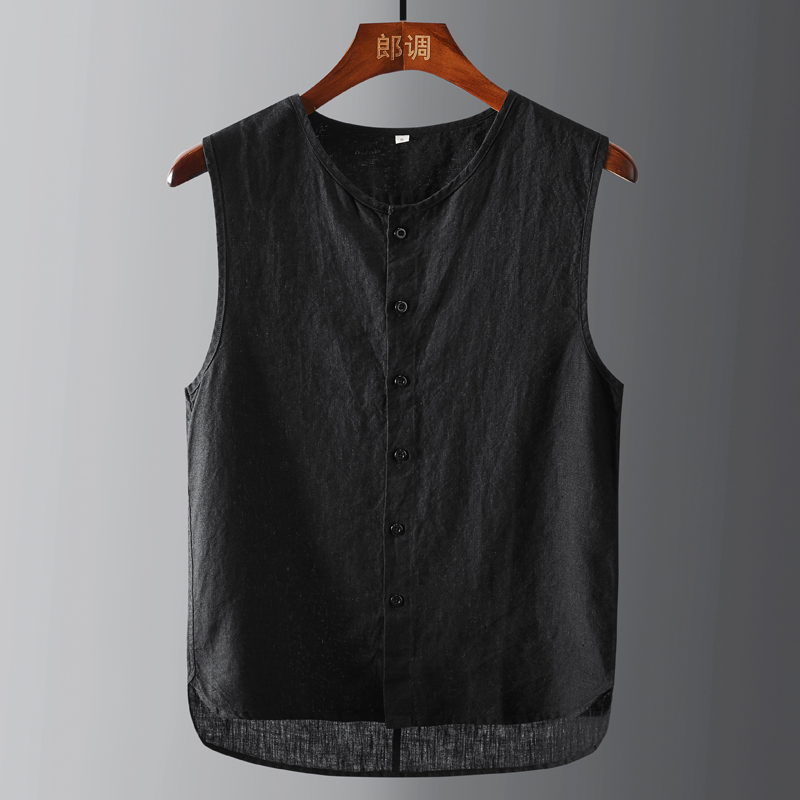 无袖亚麻衬衫男夏简约背心韩版薄款坎肩百搭时尚宽松显瘦马甲上衣