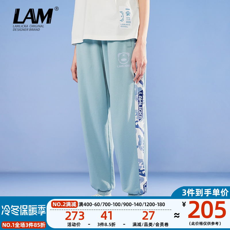 爱打扮(www.idaban.cn)，LAMLICKA字母印花春季潮流牌ins宽松薄款休闲纯棉大码运动长裤男