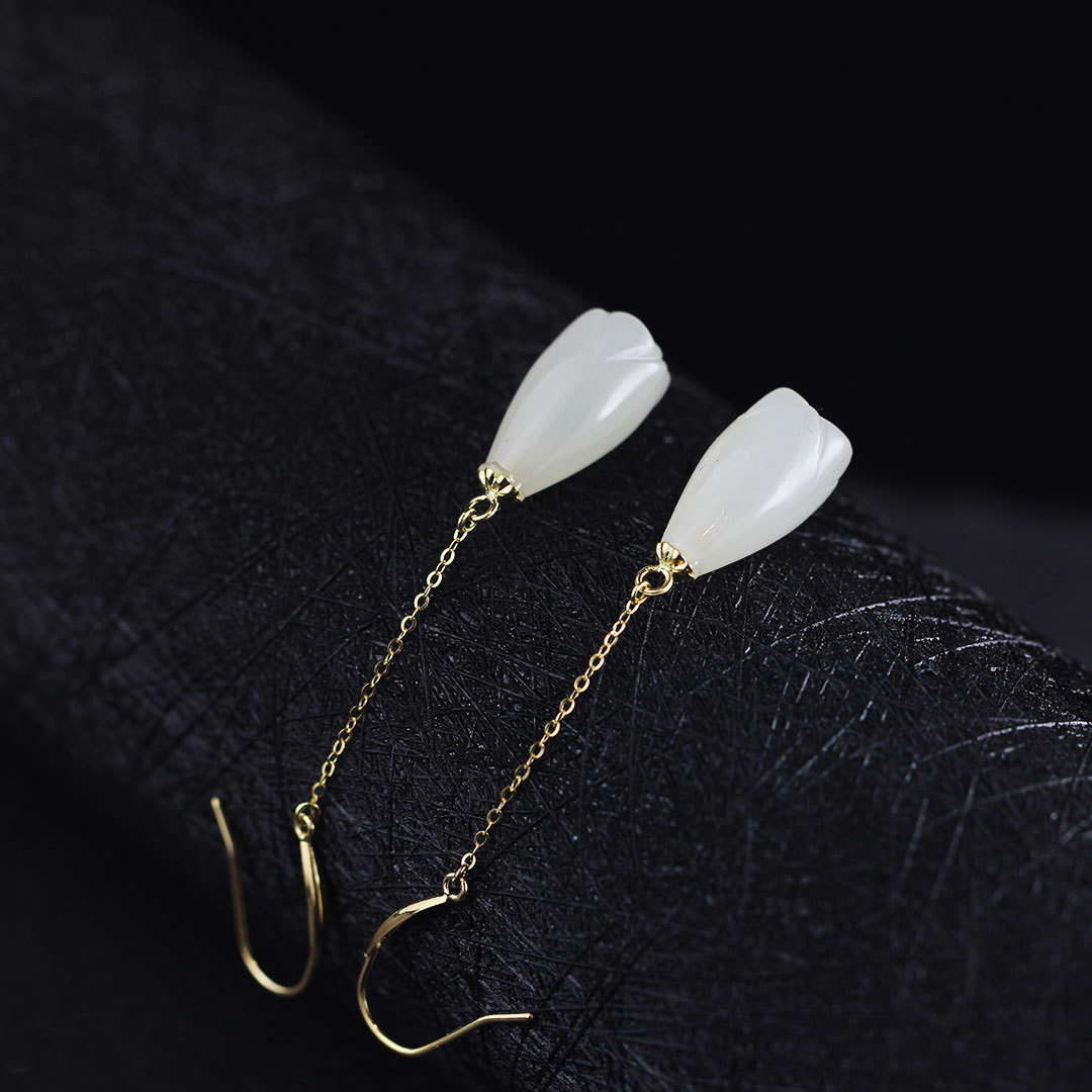 轻奢手工18k金和田玉玉兰花耳坠女复古长款耳环旗袍汉服古风耳饰