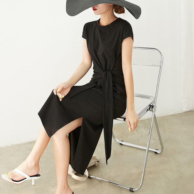 夏季新款圆领蝙蝠纯棉时尚妈妈腰部打结收腰修身中老年女装