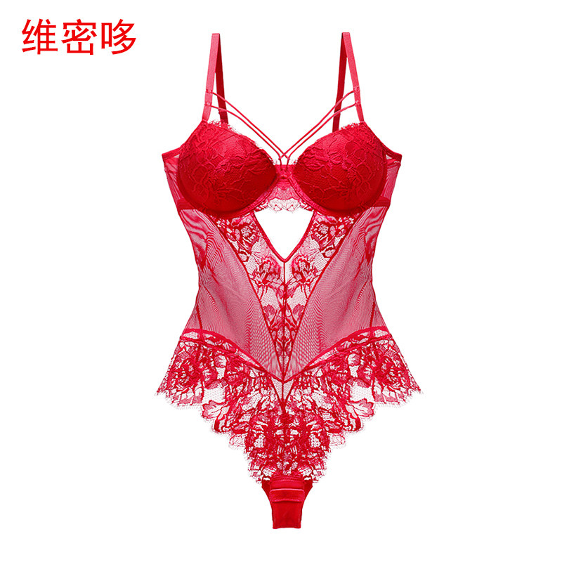 维密哆性感情趣绑带红色内衣套装女本命年蕾丝修身连体衣聚拢文胸