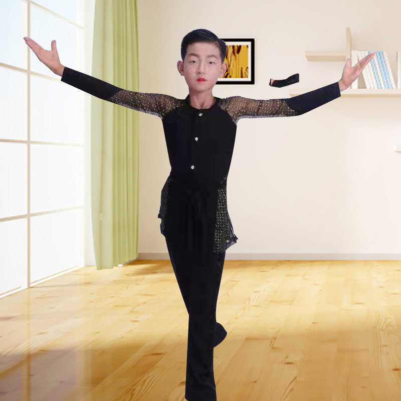 男童拉丁舞比赛演出服黑色练功套装儿童舞蹈表演拉丁舞演出服