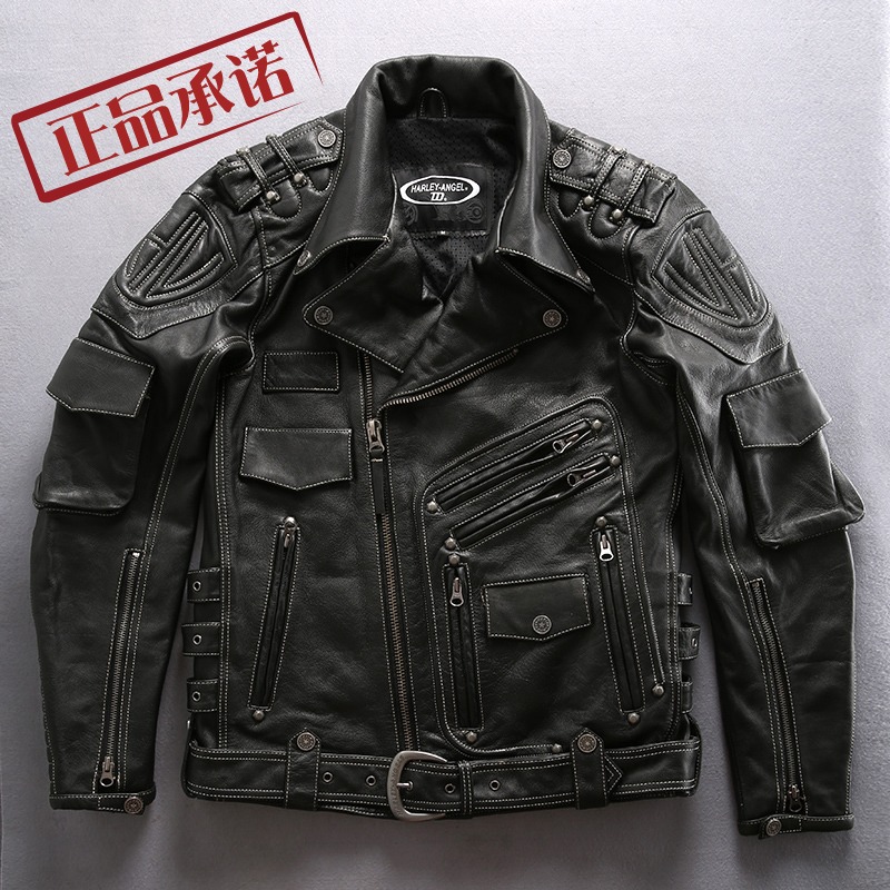 哈雷摩托机车服男真皮头层牛皮多口口袋翻领皮衣