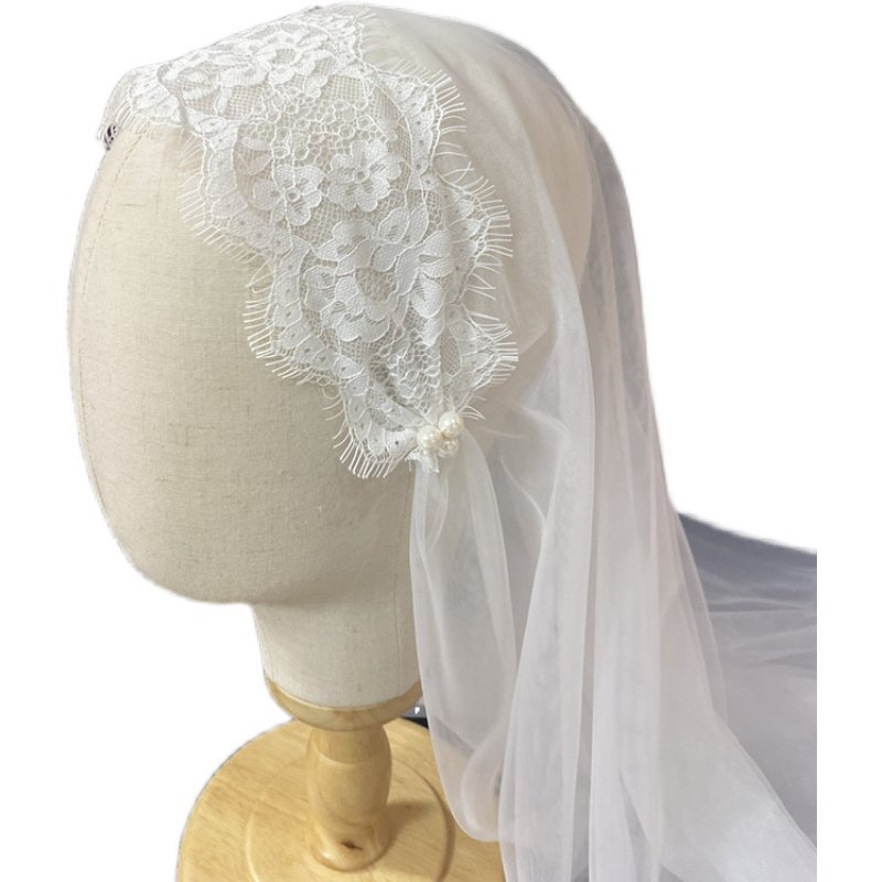 复古白色新娘头纱韩式蕾丝包头帽纱结婚旅拍头纱