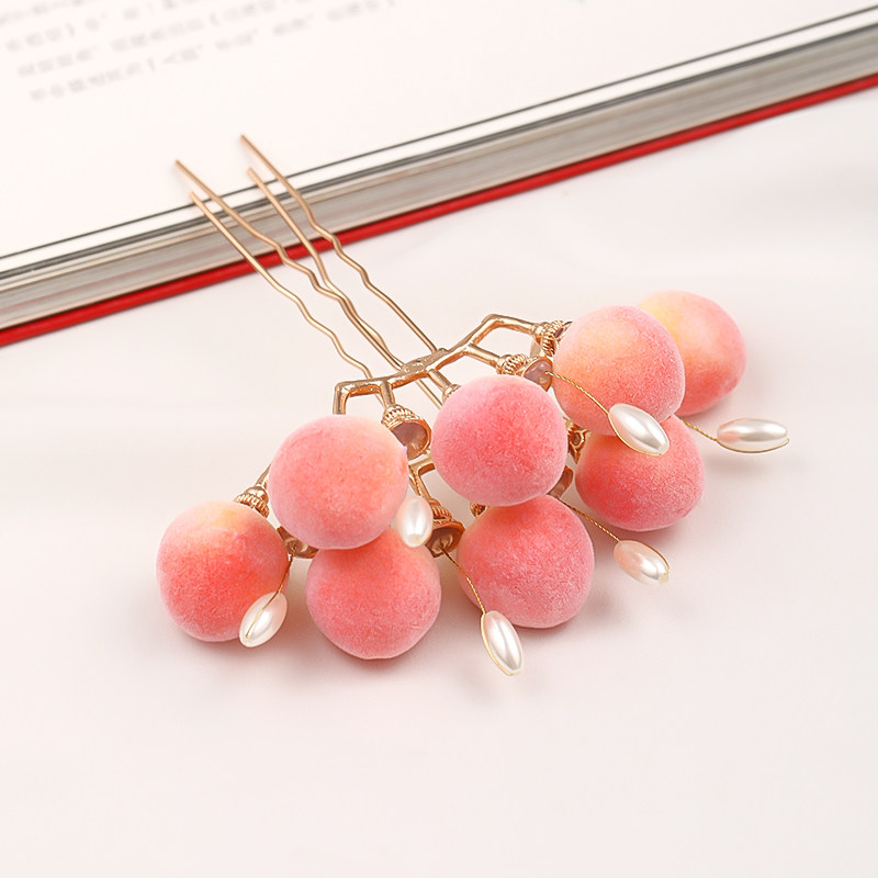 汉服拍照古风发簪小桃子绒花女仿发饰影楼小发发饰