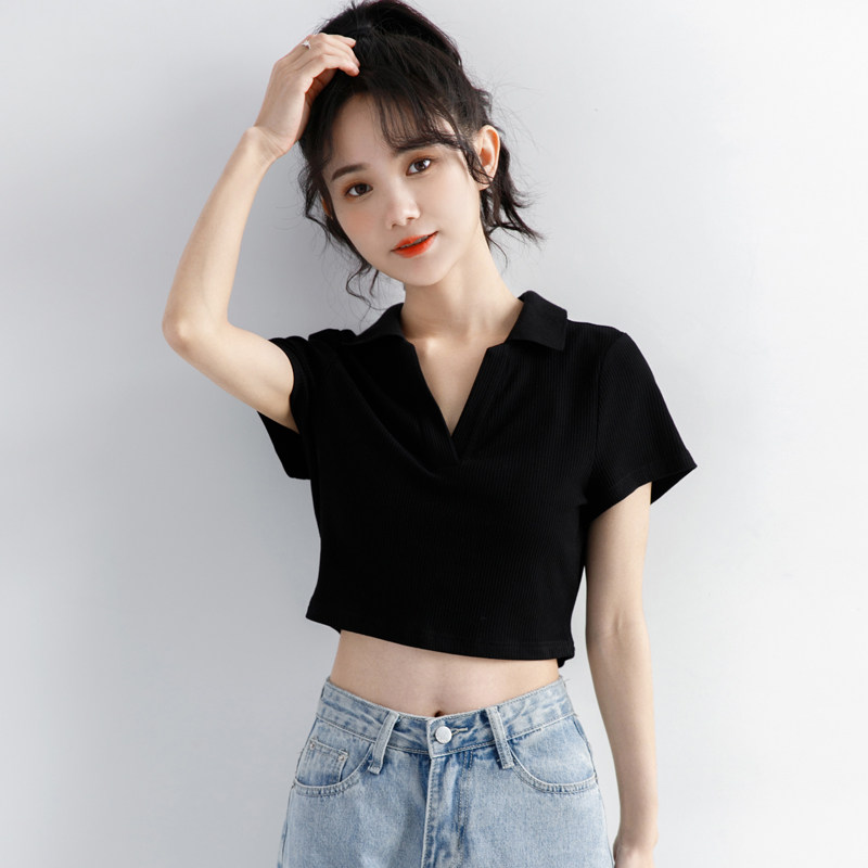 2021黑色短袖超短polo修身学生夏季上衣短款t恤