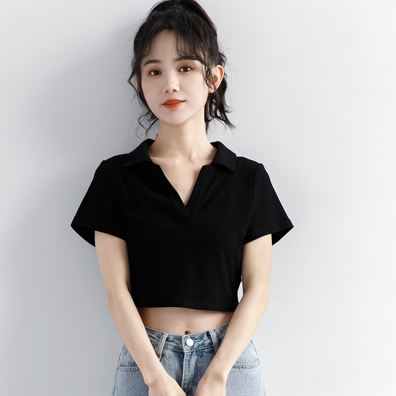 2021黑色短袖超短polo修身学生夏季上衣短款t恤