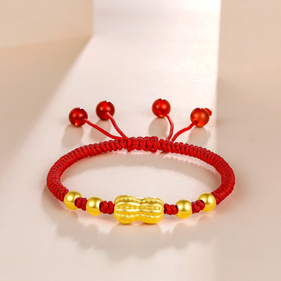 周六福 3d硬金黄金手绳女 足金花生转运珠红绳手链 定价ad171269