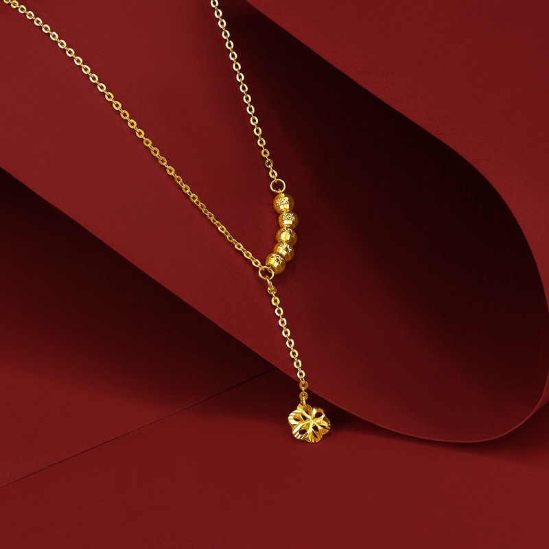 周六福无极金黄金项链女足金花朵细链子珠宝定价aw065014