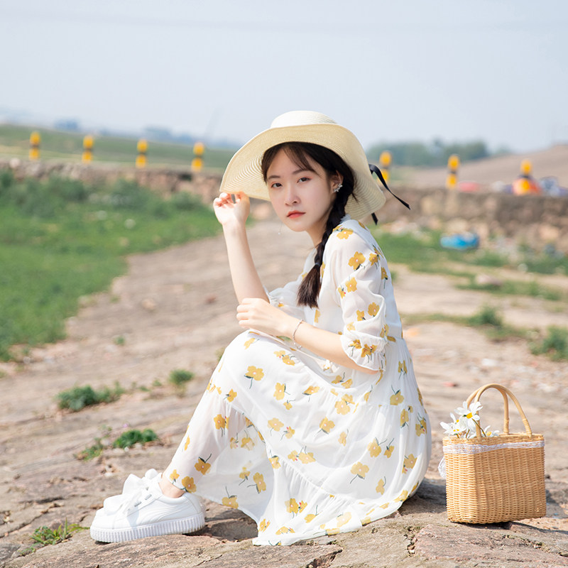 雪纺碎花连衣裙短款夏季森系法式初恋桔梗仙女裙小个子裙子女夏仙