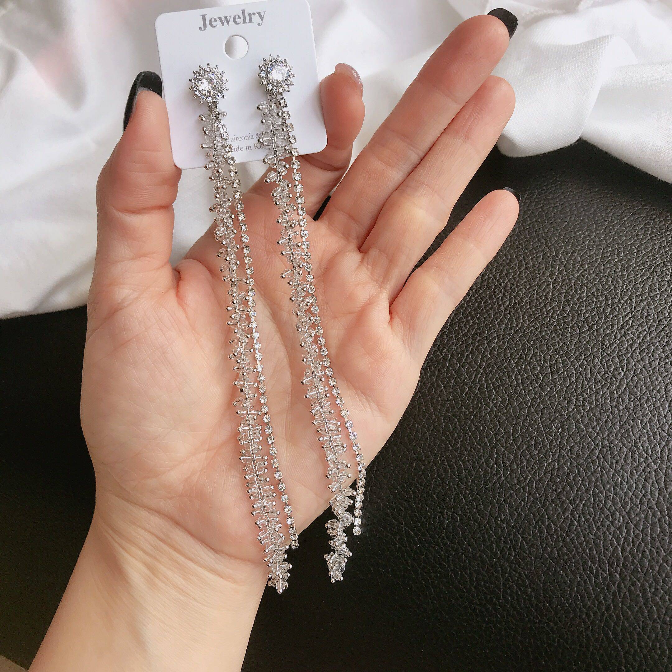 网红韩国2020新款精致亮钻锆石水晶串珠流苏耳环