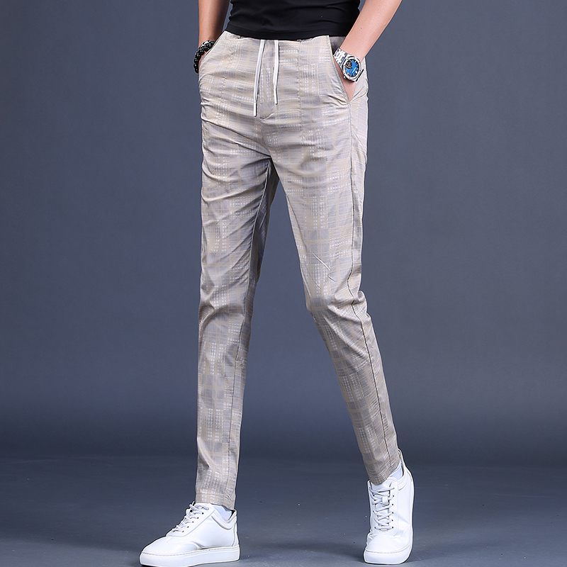 夏季新品2022男款韩修身卡其色薄款休闲裤男弹力青年格子小脚裤潮