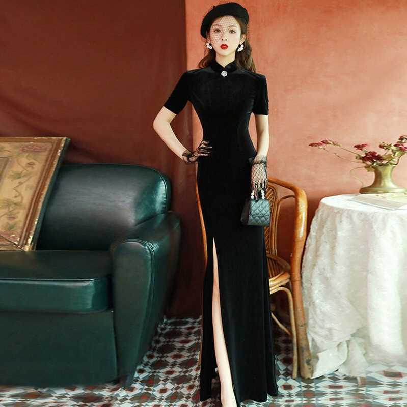 新款黑色丝绒鱼尾旗袍改良版长款显瘦形体晚礼服走秀高档连衣裙女