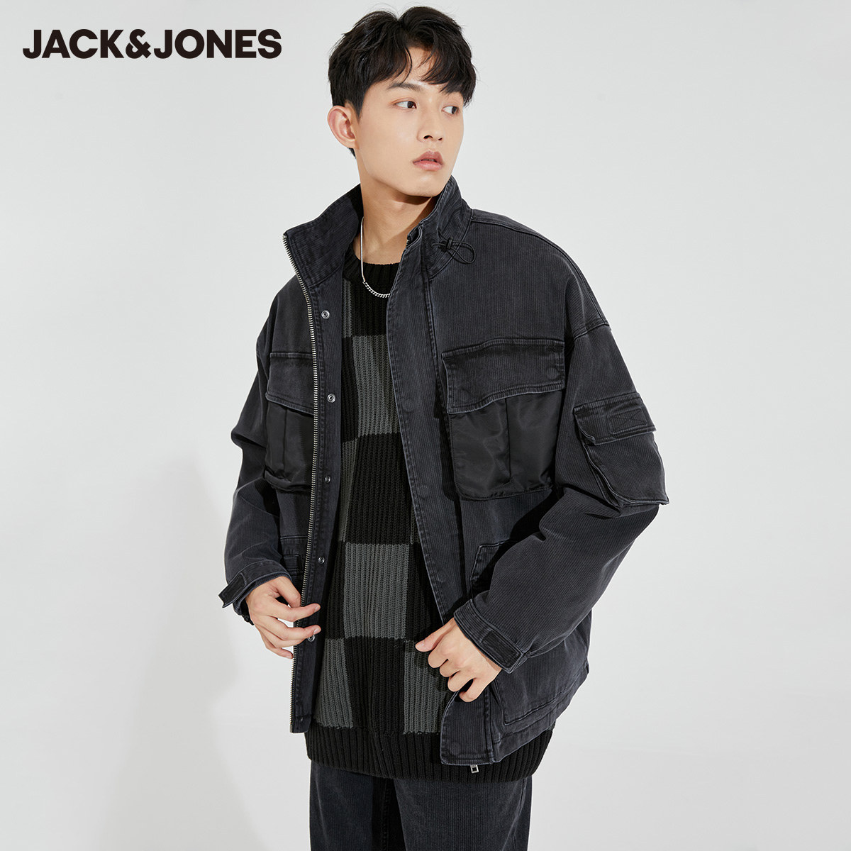 jackjones杰克琼斯不同材质拼接贴袋oversized夹克外套221457005夹克