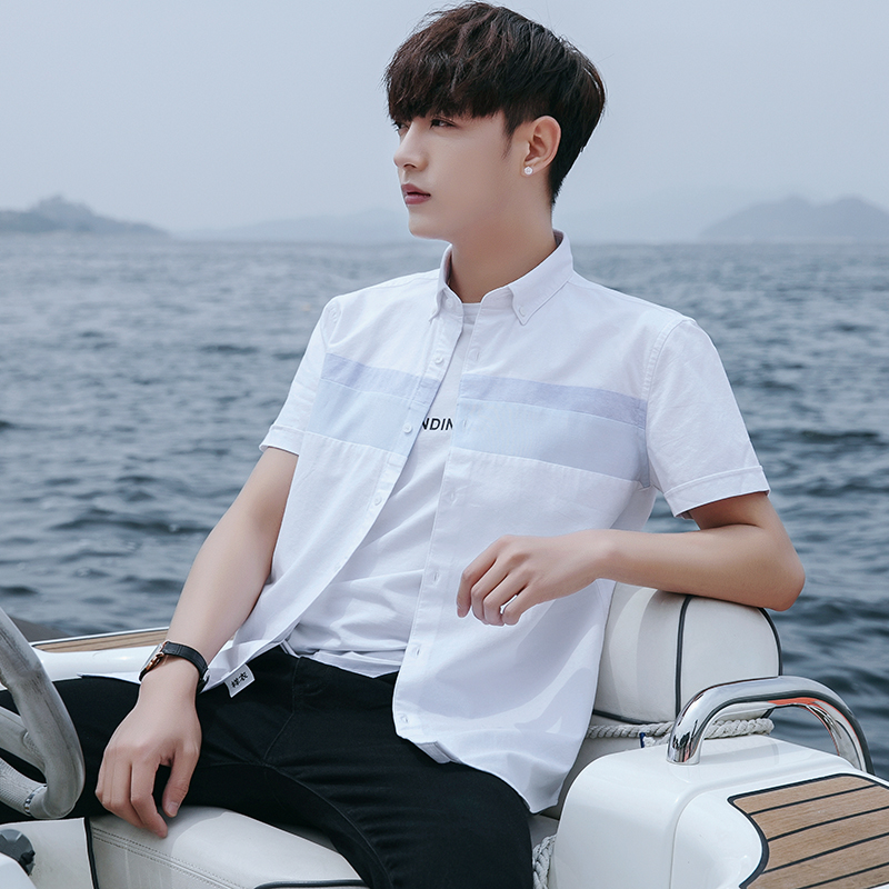 2022夏季短袖衬衫男修身韩版潮流纯色寸衫学生帅气半袖纯棉衬衣男