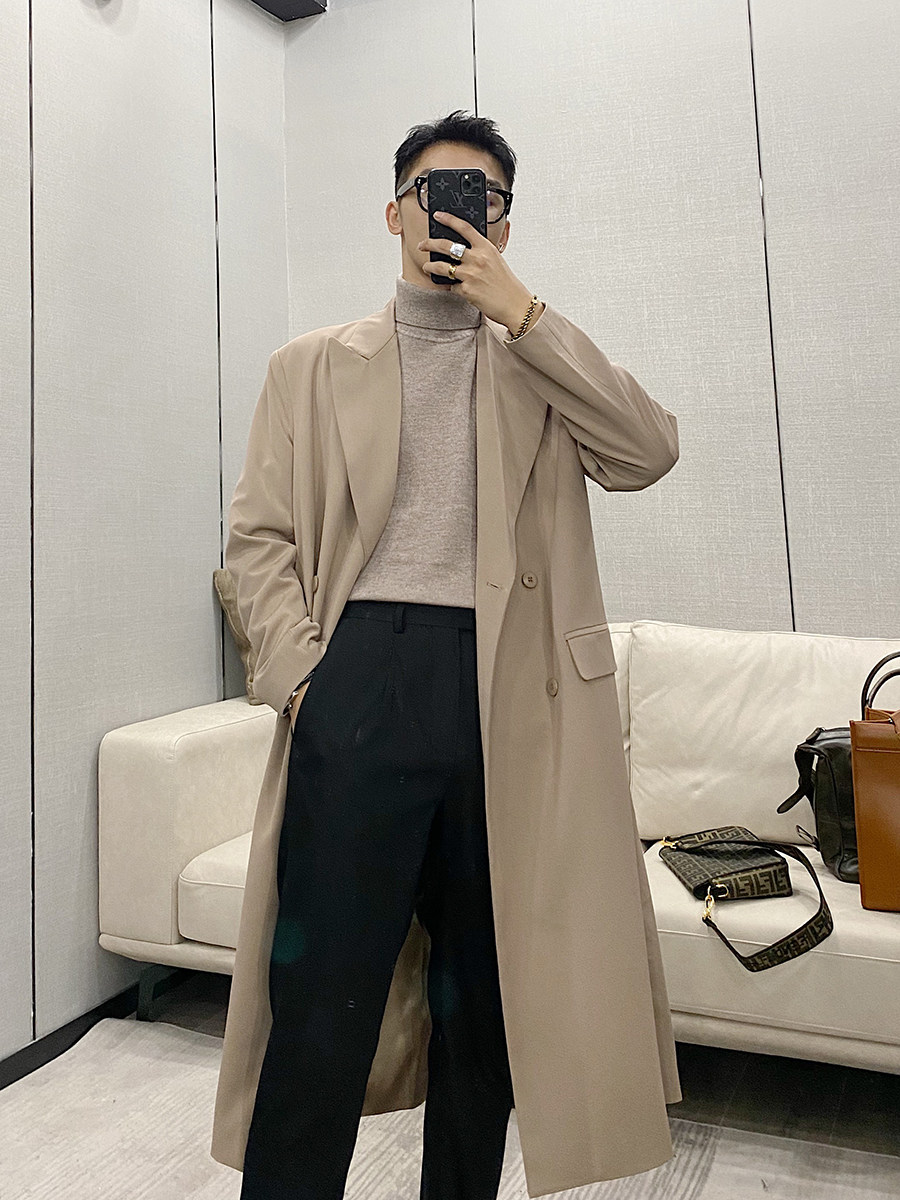 jy轻熟穿搭 风衣男2021春秋新款韩版宽松中长款黑色大衣过膝外套