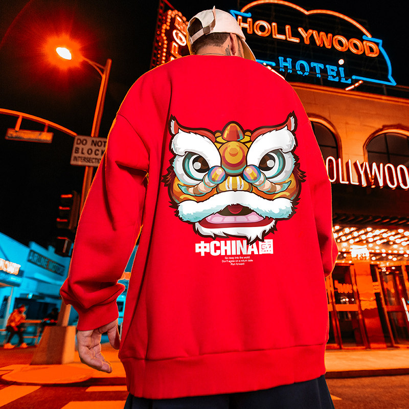 2022新年潮牌牌中国风醒狮卫衣男圆领套头宽松卫衣