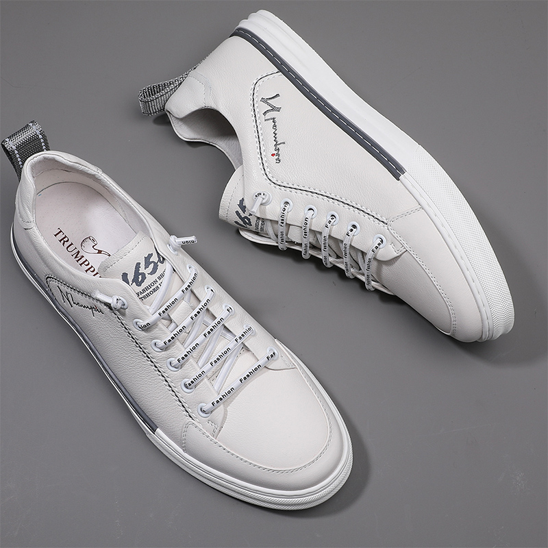 名人烟斗头层牛皮小白鞋男士秋冬季真皮韩版百搭潮流板鞋休闲皮鞋