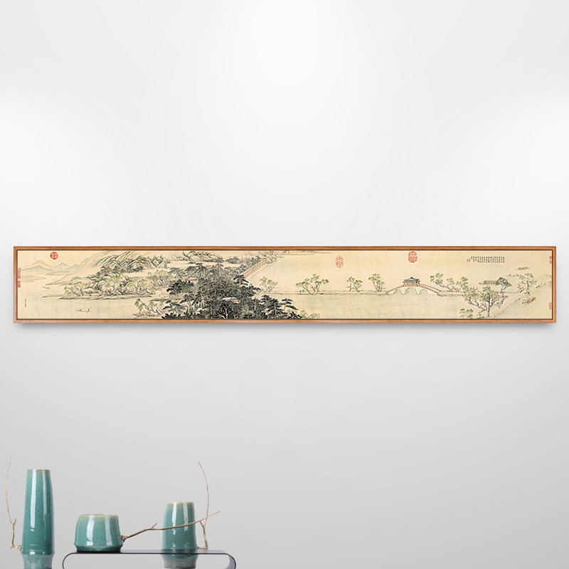 玉带客厅长条横画长幅挂画背景墙装饰画桥诗中式现代装饰画