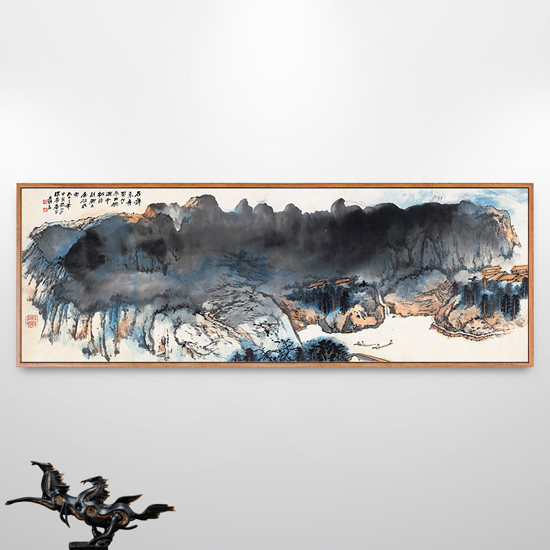 翠屏横版装饰画客厅中式新中式寒泉写意国画山水画现代装饰画