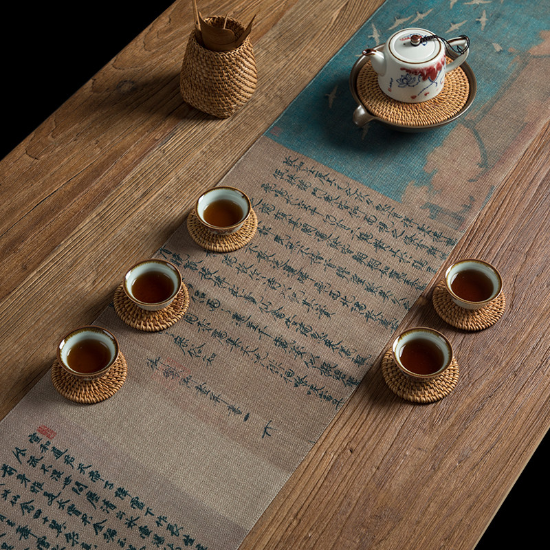 茶桌兰亭序中国风禅意茶席麻布桌旗棉麻手绘茶道