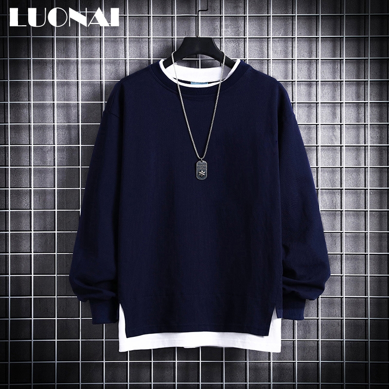 卫衣男冬季2021新款长袖T恤宽松假两件加绒圆领上衣服潮牌ins男士