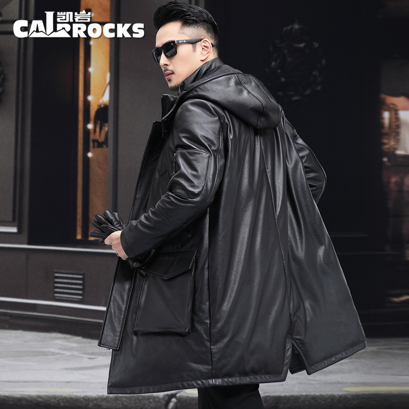 冬季新款羽绒服男中长款大衣头层小牛皮可脱卸帽真皮皮衣大码外套