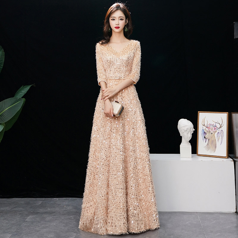 金色晚礼服女2019新款宴会高贵气质名媛香槟色亮片长款年会连衣裙