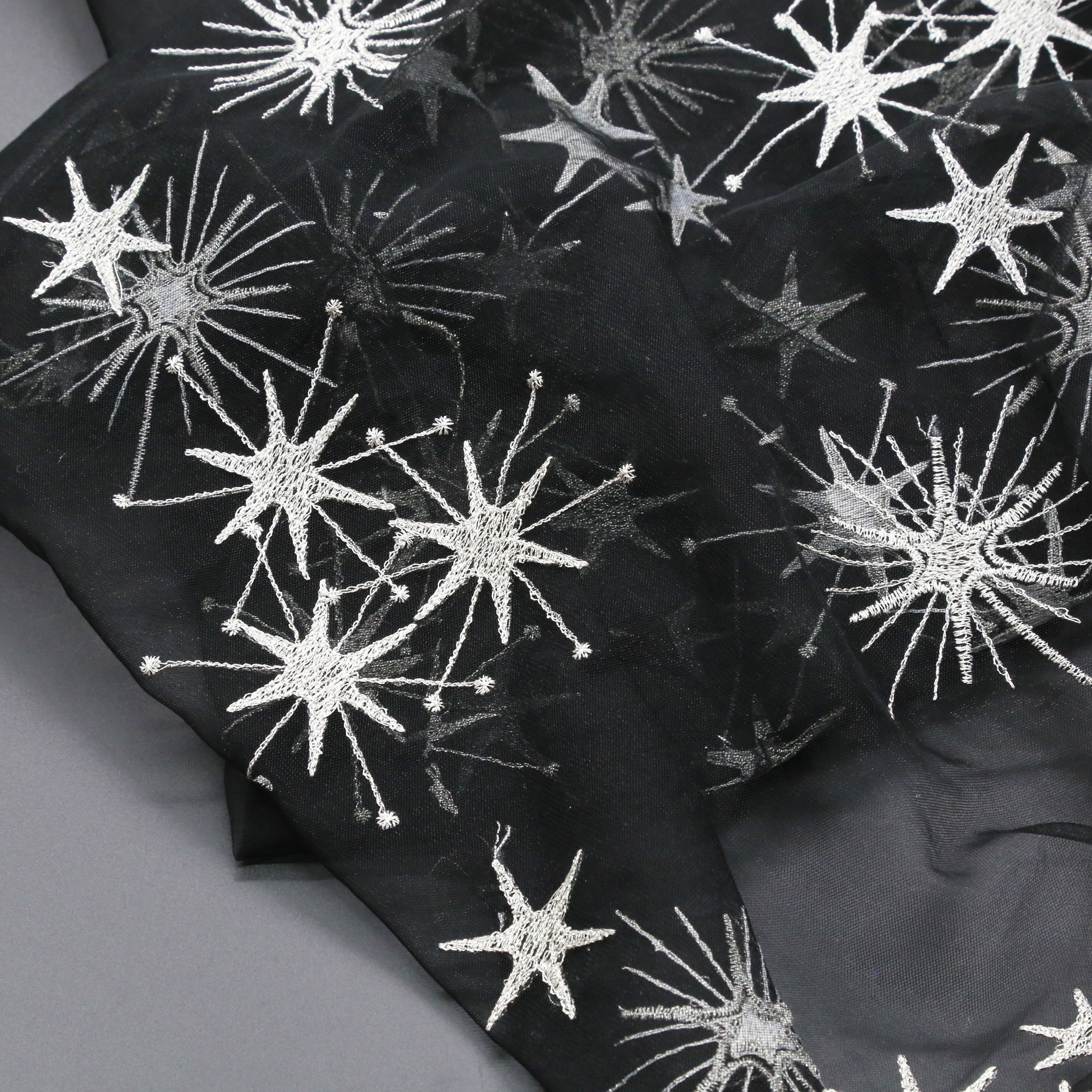 黑色网纱星星绣花布料星河刺绣蕾丝网布服装海绵垫