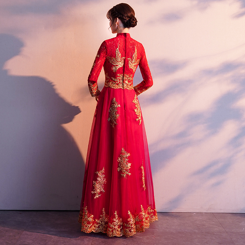 新娘敬酒服酒红色长袖2019新款冬天结婚礼服女冬季中国风秋冬长款