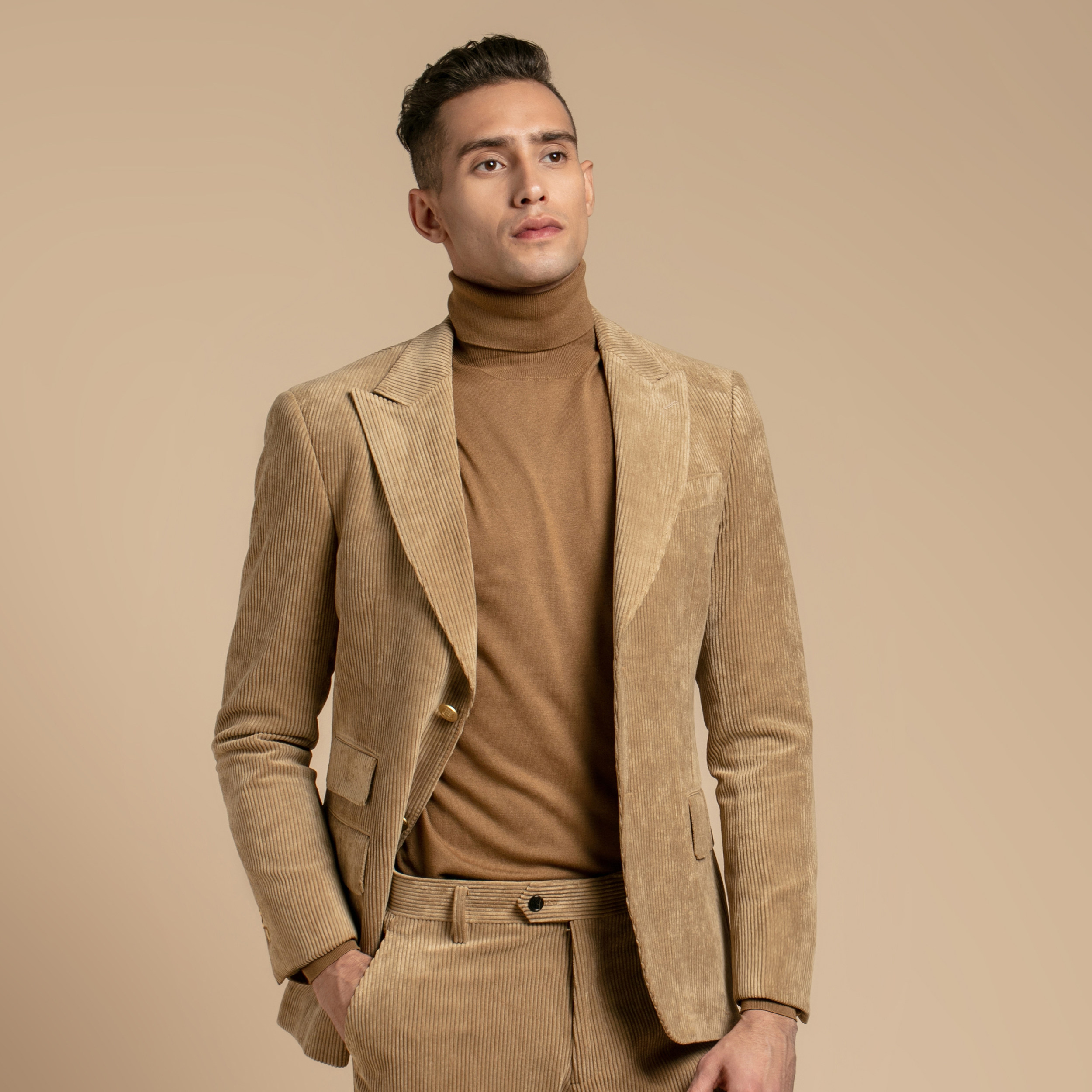 gievescharles秋冬新款卡其色灯芯绒时尚修身布雷泽雷泽西服