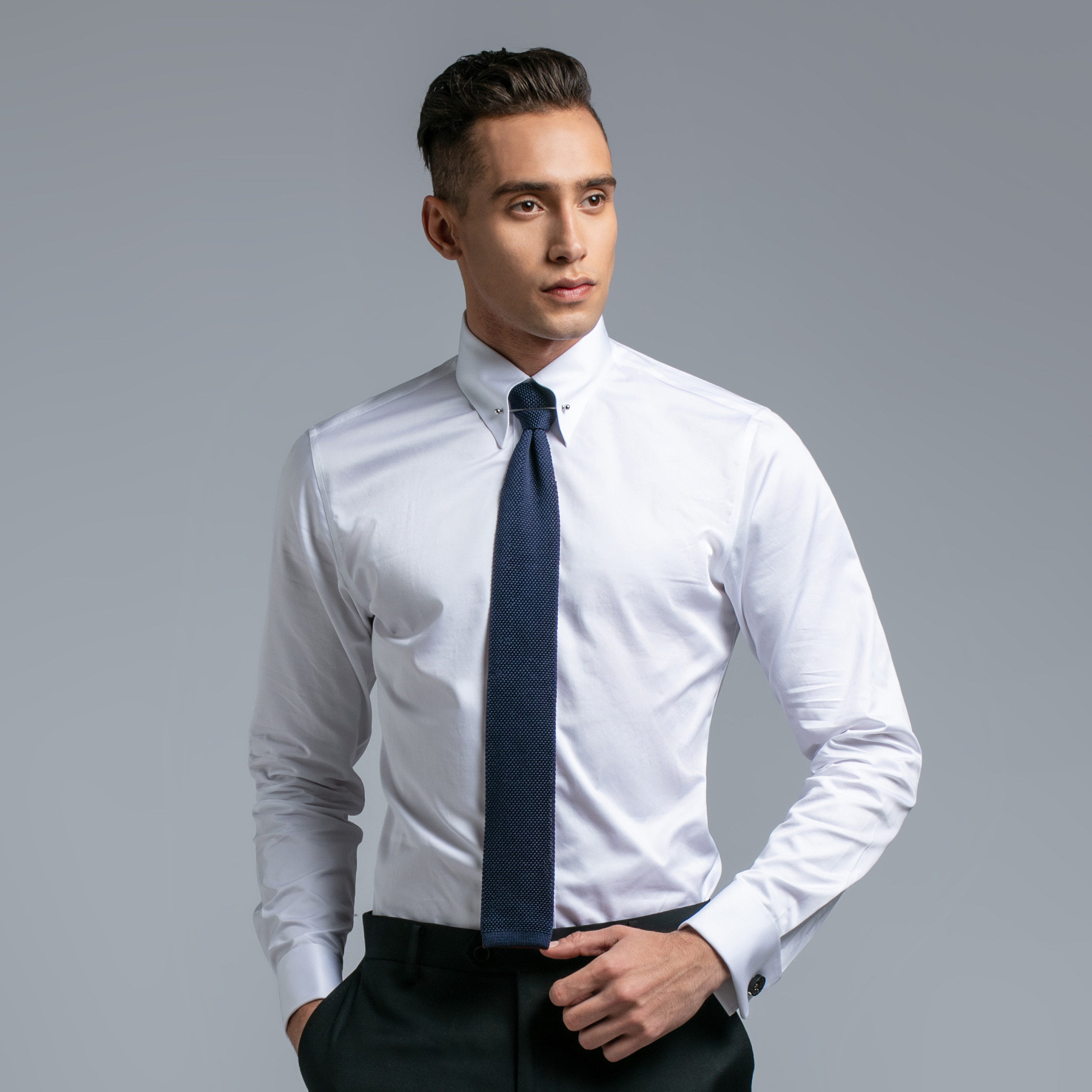 > gieves charles1961 海盐白纯棉高纱织商务男士修身帝国领针衬衫