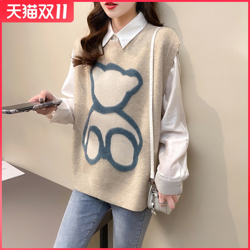 针织背心马甲女秋装2021新款无袖毛衣坎肩洋气上衣韩版宽松外穿
