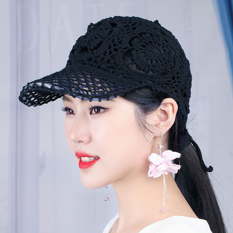 帽子女帽韩版春夏休闲帽钩线钩花棒球帽鸭舌帽系带网眼钩花时装帽
