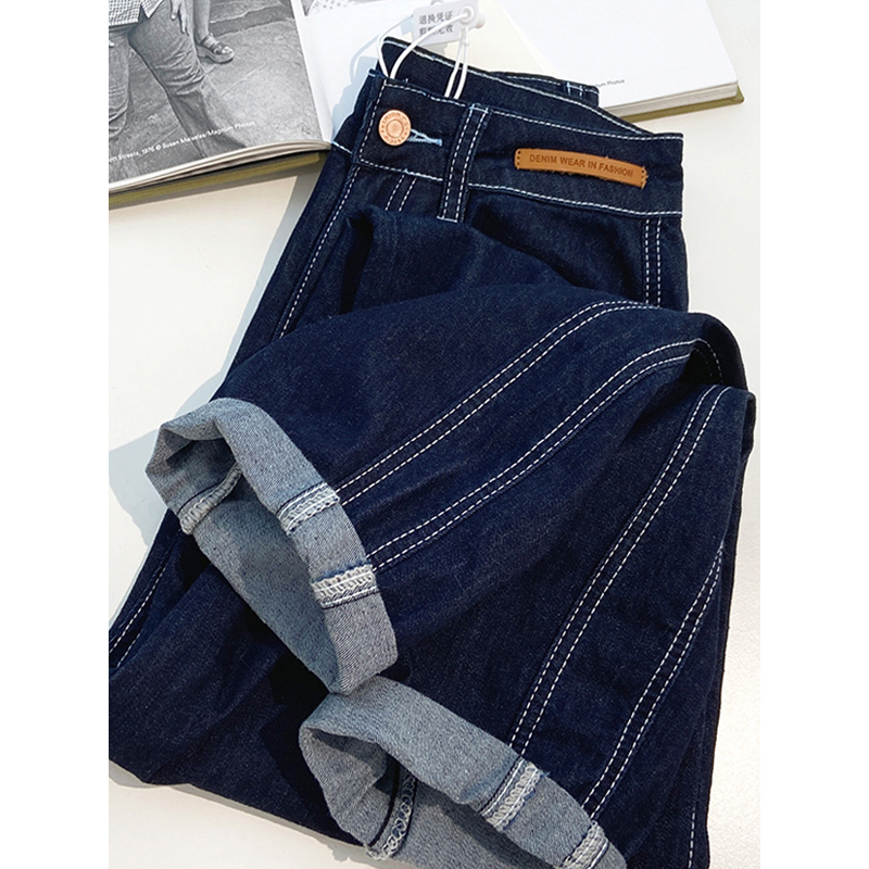 深蓝色加绒牛仔裤女2021年新款秋冬高腰阔腿裤设计感小众老爹裤子