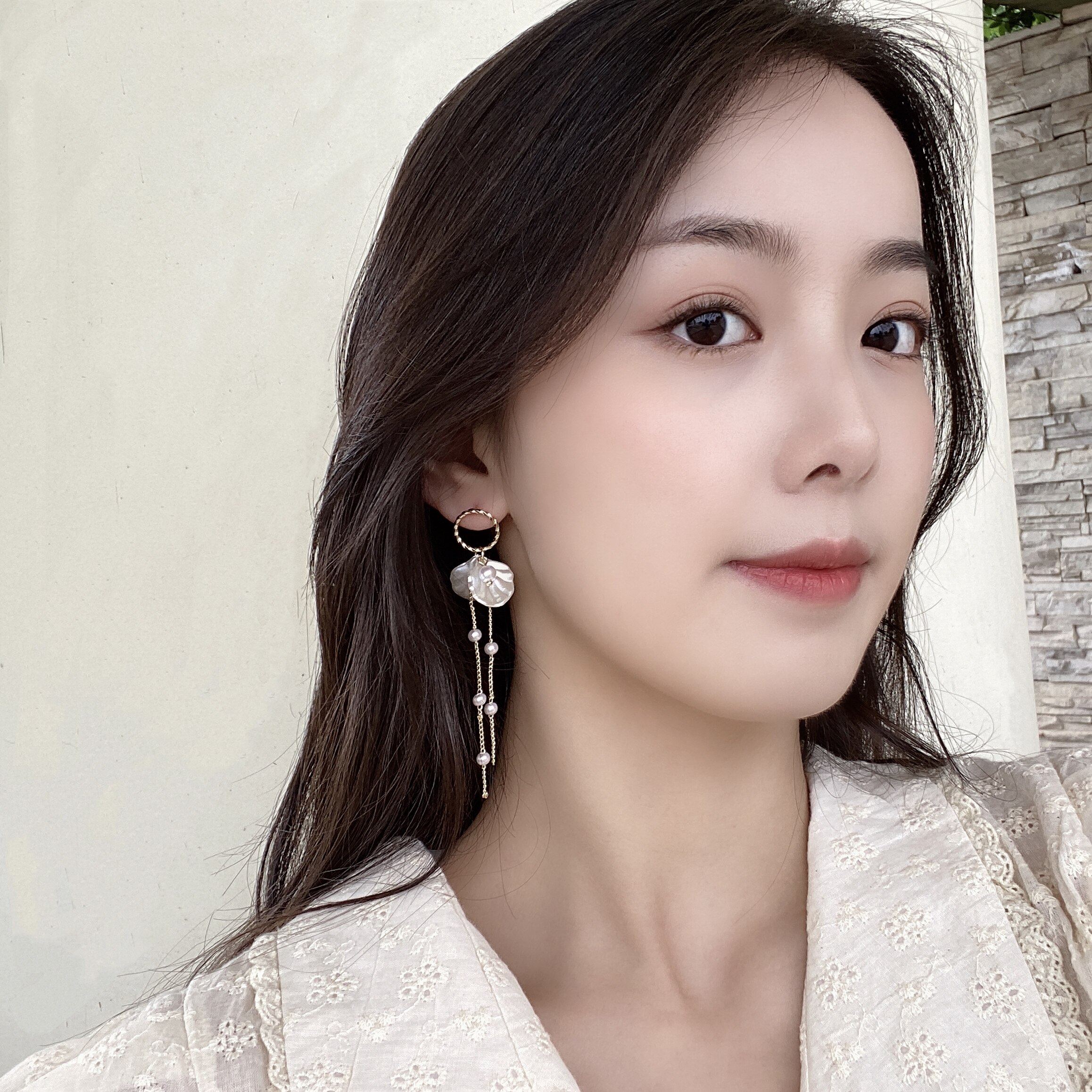 s925银针森系花瓣耳环女花朵甜美气质长款珍珠流苏耳坠显瘦脸耳钉