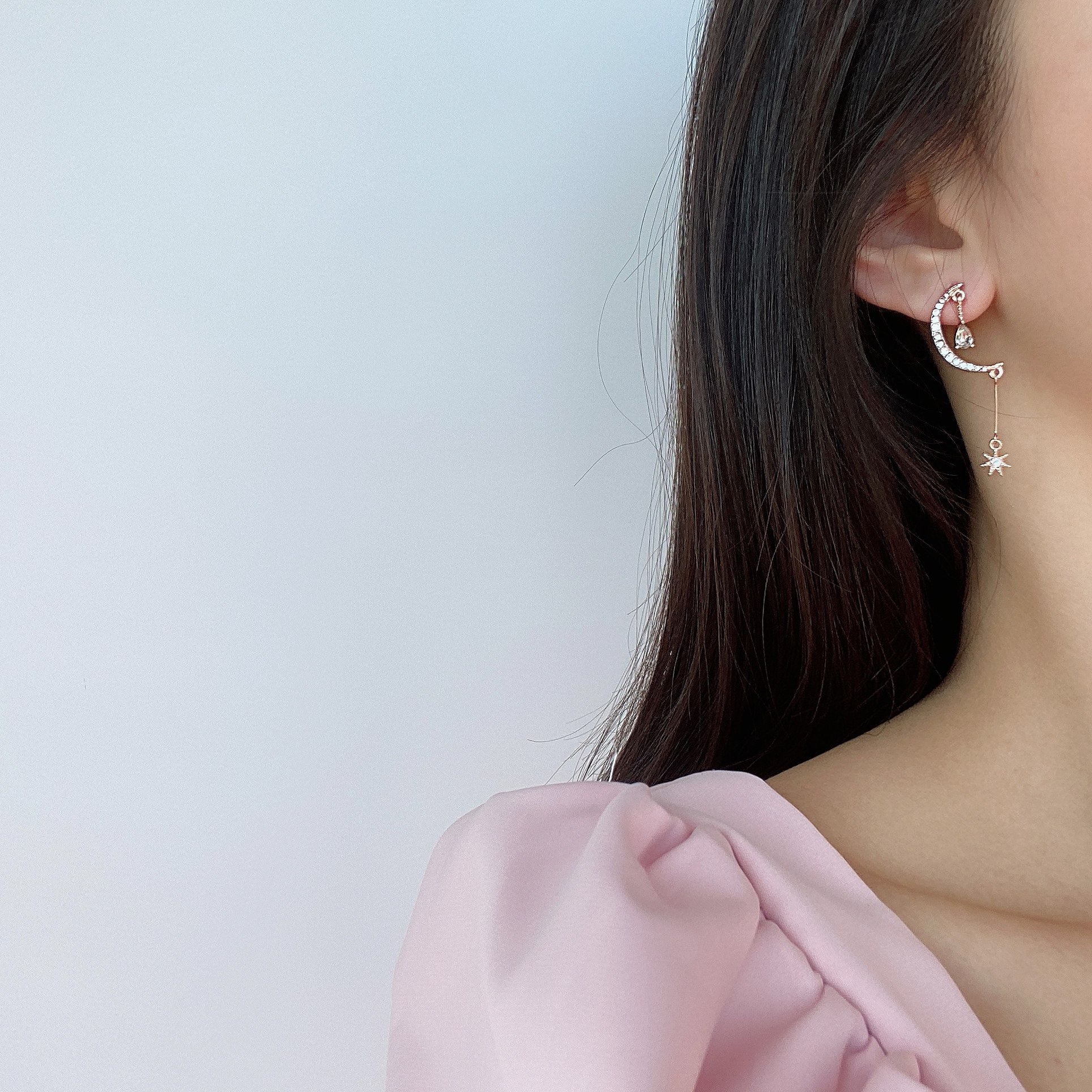 s925耳钉显脸气质高级女高脸的星月圆脸适合耳钉
