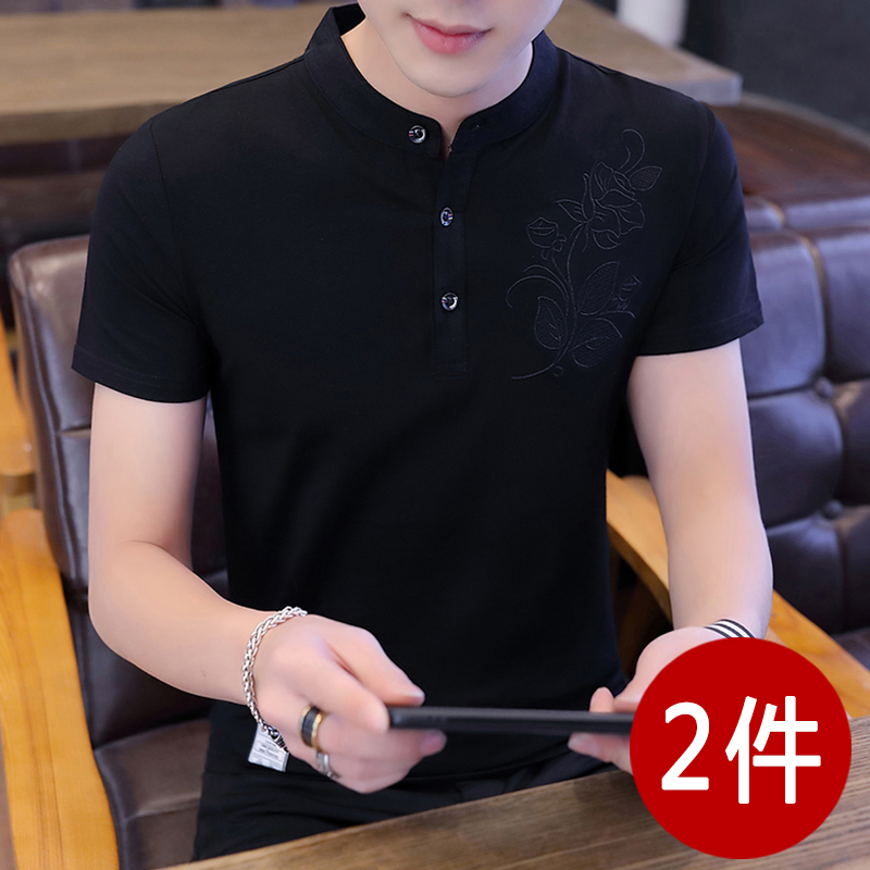 夏装男士黑色t恤夏季韩版潮流男装上身衣服polo衫短袖立领体恤ins