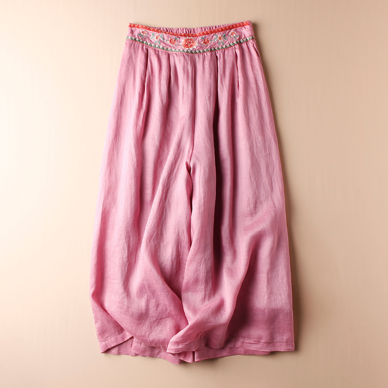 夏季轻薄苎麻阔腿女裤刺绣高腰遮肉休闲九分裤宽松百搭飘逸裙裤子