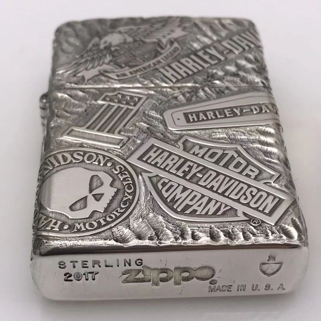 哈雷zippo纯银精雕11章五面复古雕刻防风骷髅zippo