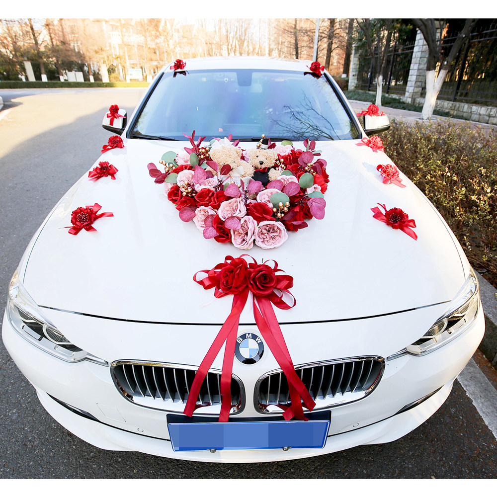 2023新款红色心形仿真婚车装饰拉花结婚礼用品婚车鲜花