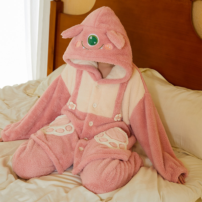 可爱加厚保暖小怪兽珊瑚瑚绒睡衣绿色长袖卡通睡衣