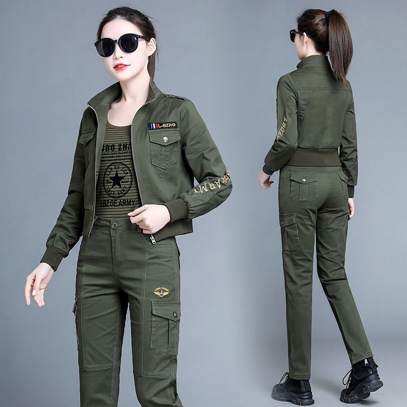春秋新款2022迷彩套装女户外休闲军旅风迷彩服刺绣两件套军迷