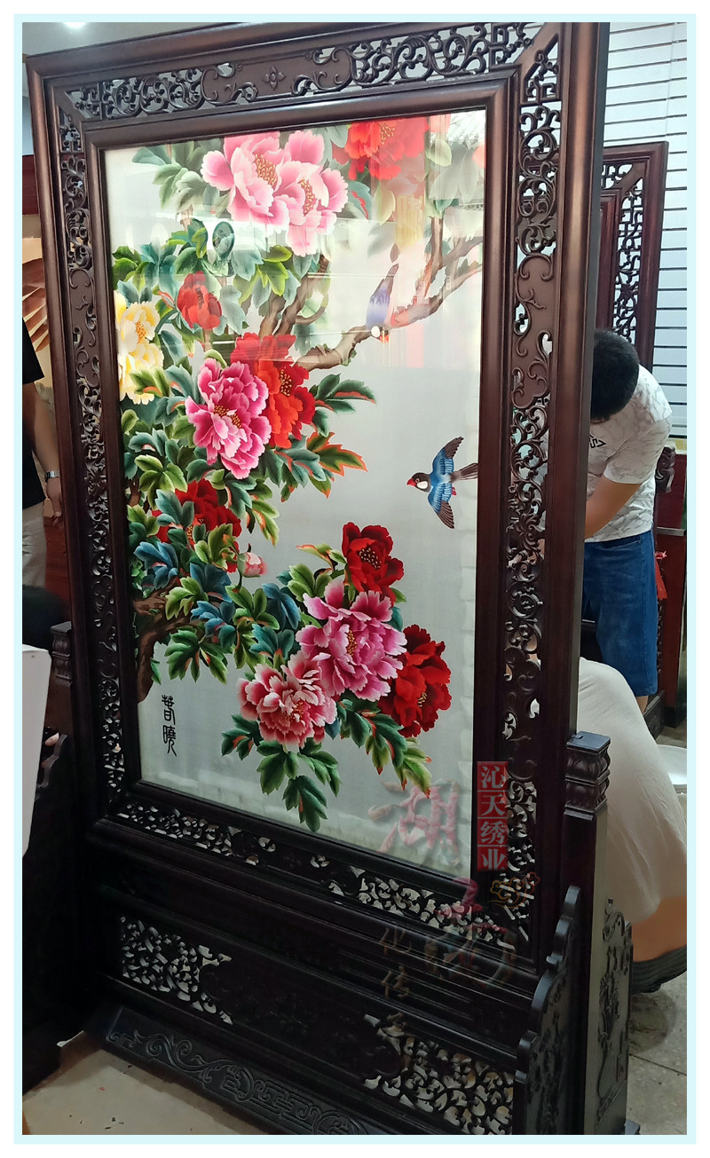 隔断新品手工刺绣湘绣屏风双面座屏玄关中式湘绣