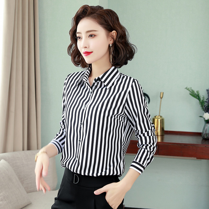 竖条纹衬衫女士长袖2021春秋新款韩版百搭洋气雪纺上衣打底衬衣寸